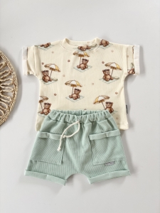 Komplet  t-shirt  summer bear   + szorty  z kieszonkami wafel mięta 