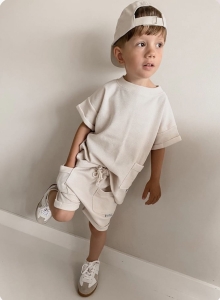 Komplet  t-shirt z kieszonka wafel beż   + szorty z kieszonkami wafel beż