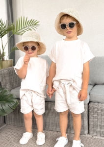 T-shirt wafel beż z kieszonką