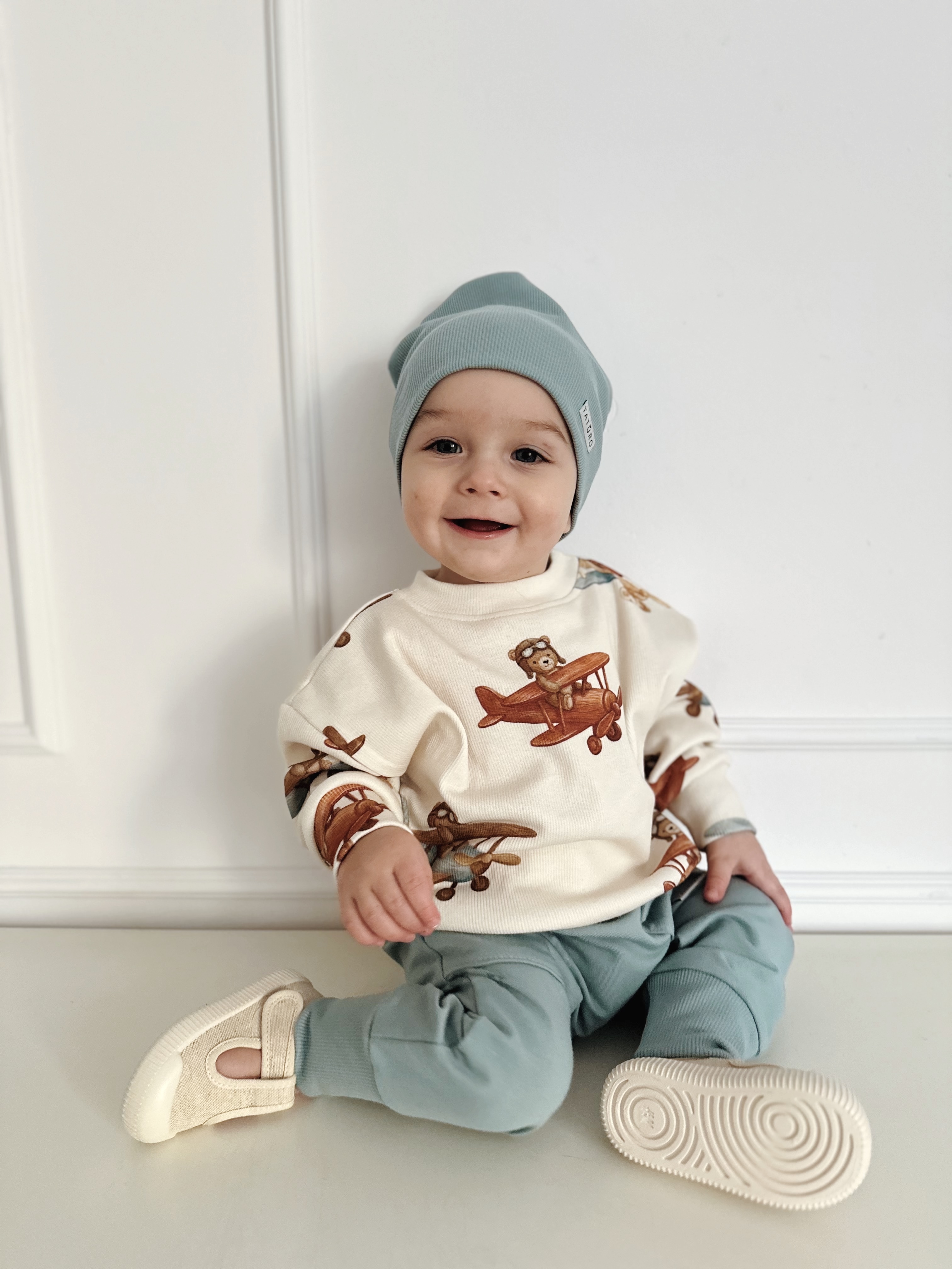 Komplet bluza prążkowana odlotowe misie +spodnie z kieszonkami dusty blue